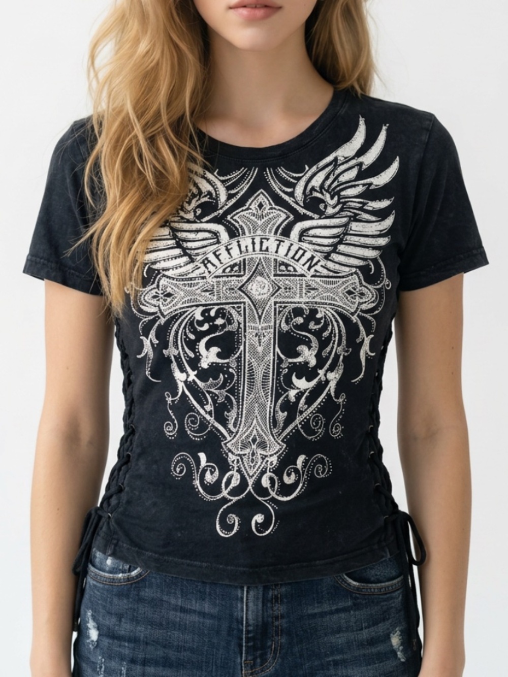 AFFLICTION • Rhinestone Cross Wings Lace Up Black Tee Women’s Small